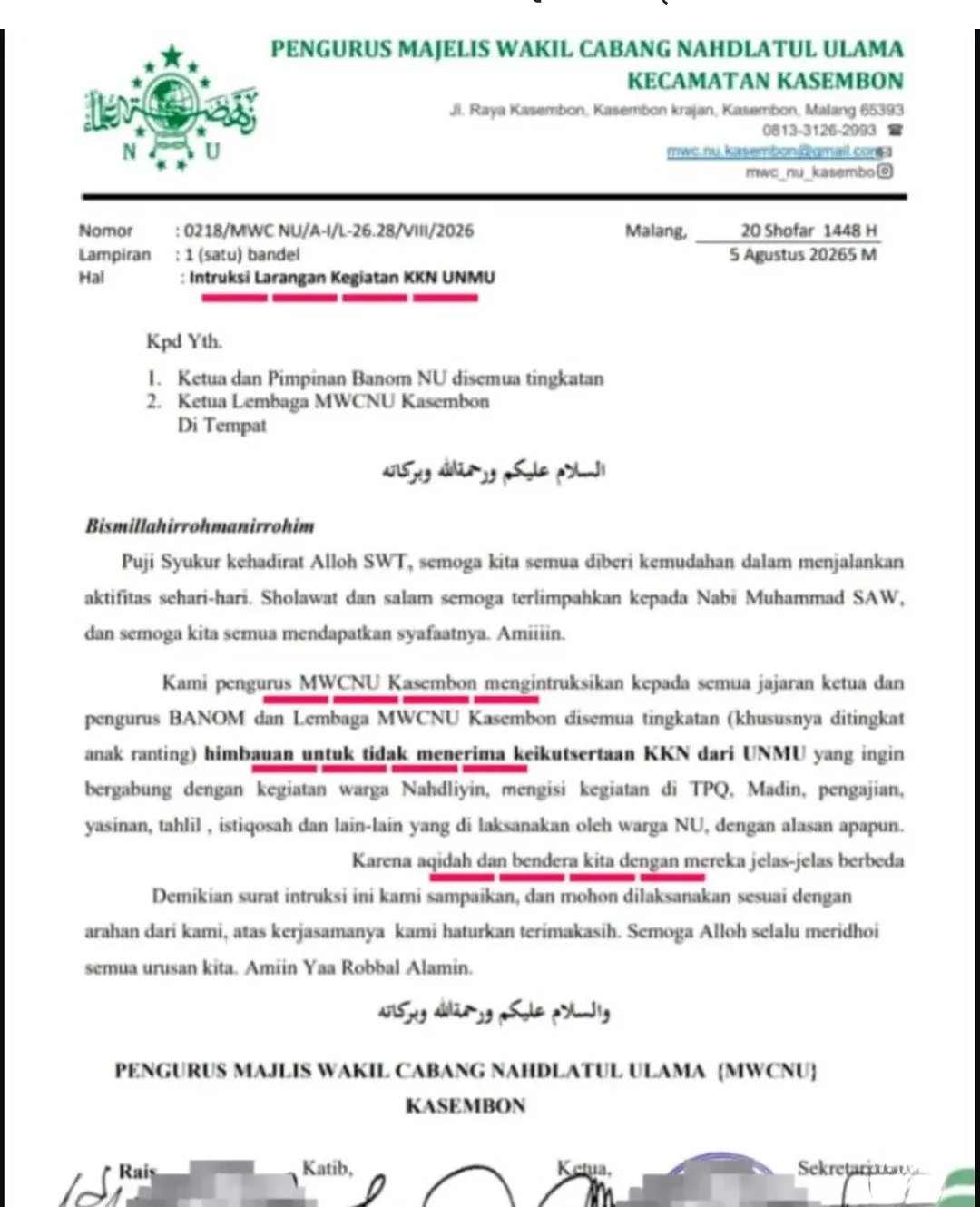 Postingan viral di media sosial terkait surat penolakan kegiatan KKN Mahasiswa UMM di Kawasan Kasembon, Kabupaten Malang. (Akun Media Sosial Instagram @rifkyjafarthalib.official)
