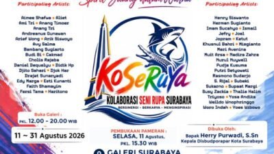 Pameran Seni Rupa “Spirit Juang dalam Warna” yang digelar Kolaborasi Seni Rupa Surabaya (KOSERUYA) menghadirkan karya 60 pelukis dari Surabaya dan sejumlah kota di sekitarnya di Galeri Surabaya Urban Creative Hub–THR, Surabaya. Pameran berlangsung 11–31 Agustus 2026. (Foto : KOSERUYA for Red)