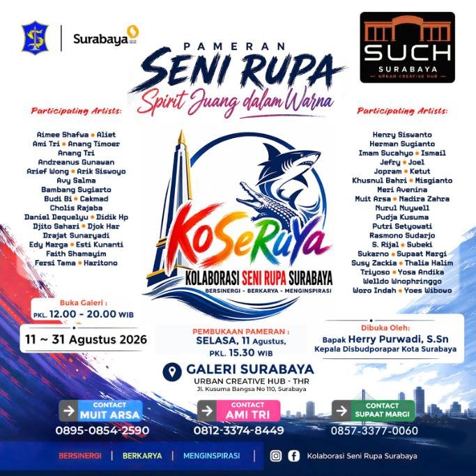 Pameran Seni Rupa “Spirit Juang dalam Warna” yang digelar Kolaborasi Seni Rupa Surabaya (KOSERUYA) menghadirkan karya 60 pelukis dari Surabaya dan sejumlah kota di sekitarnya di Galeri Surabaya Urban Creative Hub–THR, Surabaya. Pameran berlangsung 11–31 Agustus 2026. (Foto : KOSERUYA for Red)