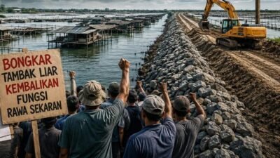 Sejumlah warga menyuarakan aspirasi terkait penertiban tambak di area Rawa Sekaran, Lamongan. Di lokasi terlihat aktivitas alat berat dan tanggul yang berada di kawasan perairan, Selasa (11/8/2026) (Foto: Ilustrasi AI)