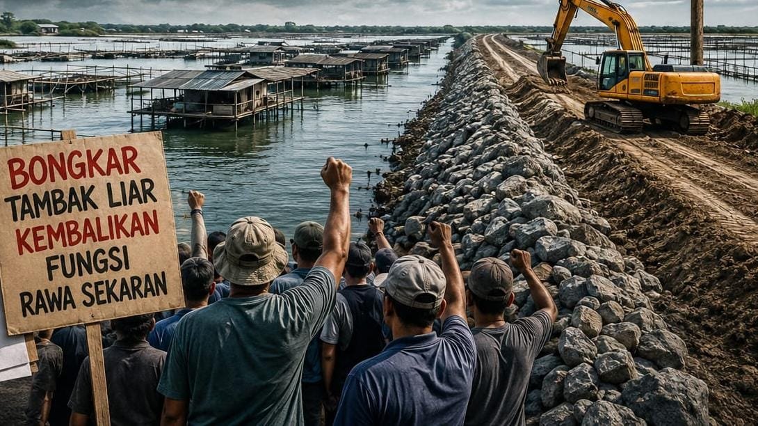 Sejumlah warga menyuarakan aspirasi terkait penertiban tambak di area Rawa Sekaran, Lamongan. Di lokasi terlihat aktivitas alat berat dan tanggul yang berada di kawasan perairan, Selasa (11/8/2026) (Foto: Ilustrasi AI)