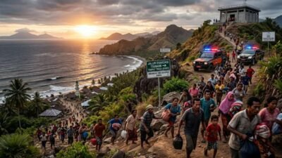 Suasana tanggap bencana warga saat melakukan evakuasi mandiri ke area tinggi di kawasan Flores, NTT, respon data peringatan tsunami pasca-gempa M 7,7 
(Foto: ilustrasi for globalinsight.com)