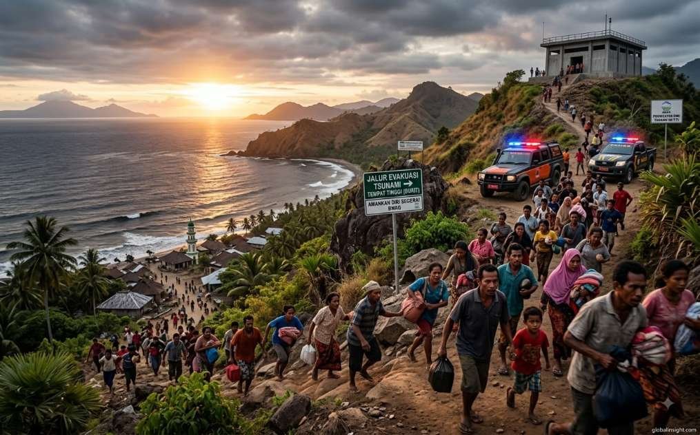 Suasana tanggap bencana warga saat melakukan evakuasi mandiri ke area tinggi di kawasan Flores, NTT, respon data peringatan tsunami pasca-gempa M 7,7 
(Foto: ilustrasi for globalinsight.com)